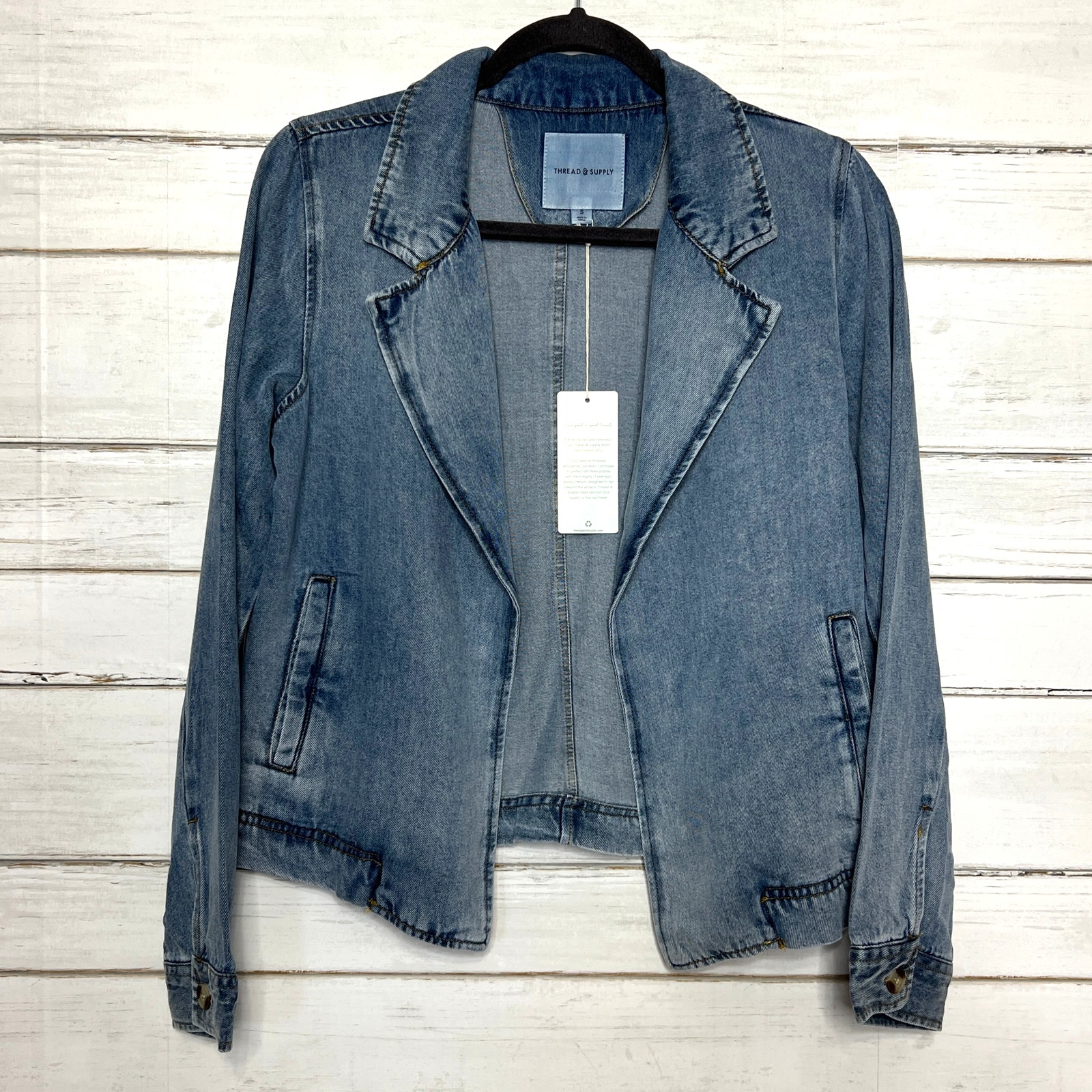 Thread & Supply Denim Blazer Jean Jacket Small Blue Open Front Lightweight — image 2 of 8